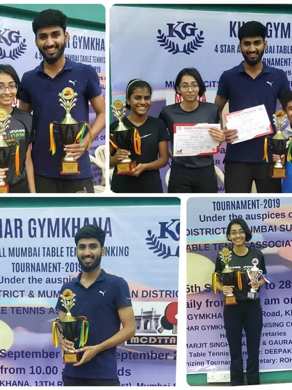 A collage showcasing the achievements of our players at the Khar Gymkhana 4-star ranking tournament, including men's winner Ravindra Kotiyan and junior girls' winner Vidhi Shah.