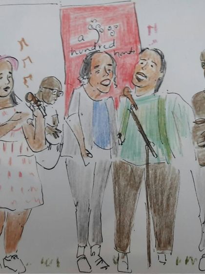 A beautiful sketch capturing the essence of our festival, featuring musicians and jammers, by the Penciljam community.