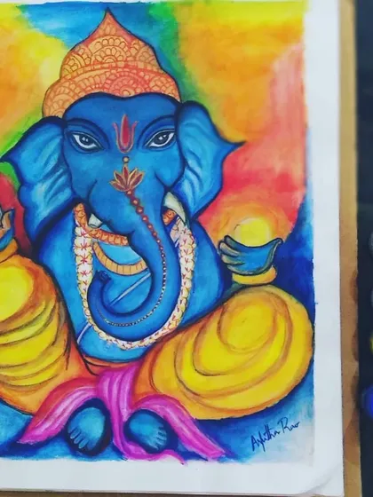 Here is my painting of Lord Ganesha, the remover of obstacles. I depicted him in a serene, meditative pose using a vibrant blue for his form, set against a warm, multi-colored aura to represent his divine and benevolent energy.
