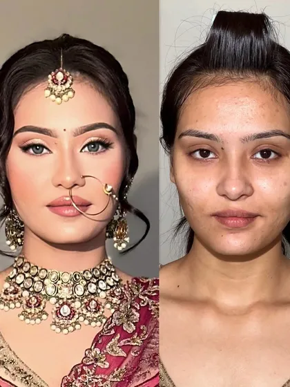 A winged liner, soft plumped peachy lips, and the right amount of blush is all you need. This before and after showcases a perfect day bridal look.