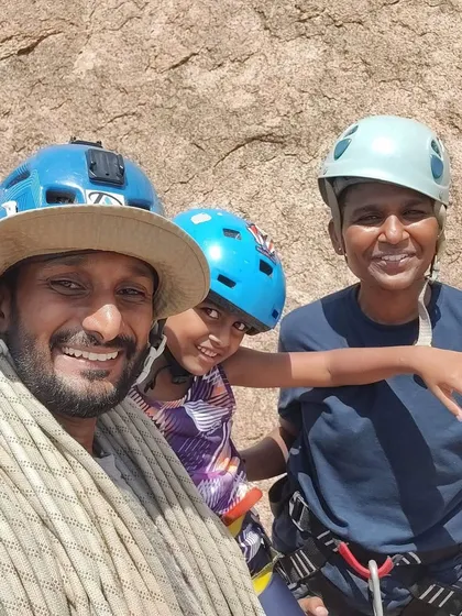 A happy family selfie at the crag. Climbing brings people together, creating shared experiences and lasting memories.