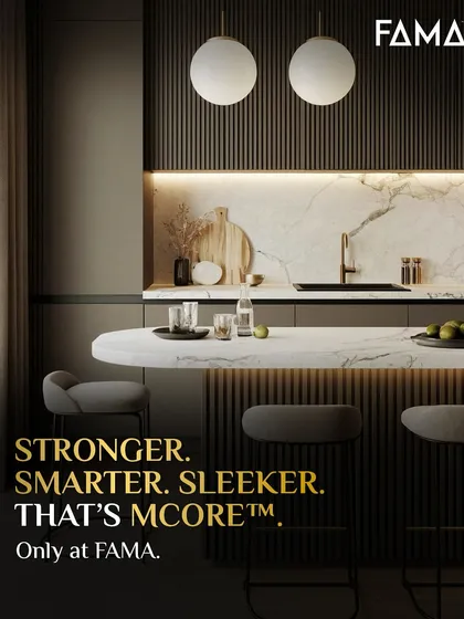 Stronger, smarter, sleeker. That is M-Core™. This kitchen demonstrates its versatility, pairing a marble-effect breakfast bar with fluted paneling for a contemporary look that is also incredibly resilient and easy to maintain.