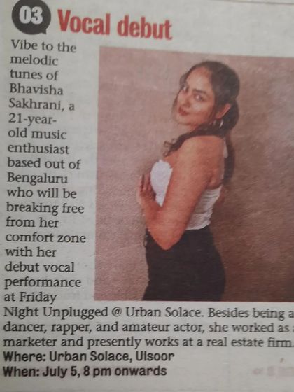 A newspaper clipping announcing the vocal debut of Bhavisha Sakhrani. We are so excited to be the platform where she breaks free from her comfort zone.