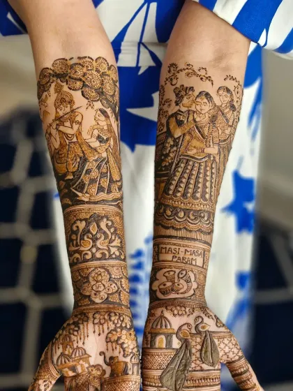 A view of the detailed figurative work on the forearms. The left arm shows Radha and Krishna under a tree, while the right arm shows the bride with her loving parents.