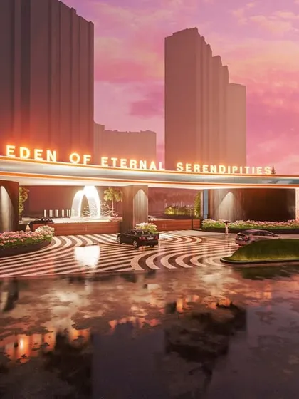 The grand entrance concept for 'Eden of Eternal Serendipities'. We believe the arrival experience is paramount, and we design gateways that evoke a sense of grandeur and establish a unique identity for the community from the very first moment.