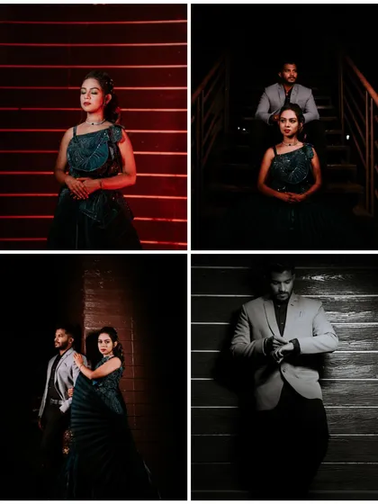 A collage of stylish and moody portraits from a Sangeet night. The dramatic lighting and the couple's fashionable outfits create a cinematic and high-energy feel.