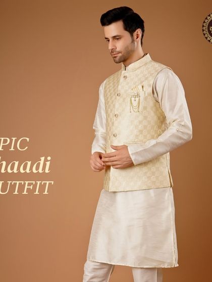 Epic Shaadi Outfit. A classic off-white kurta paired with a patterned Nehru jacket, a timeless choice for any wedding event.