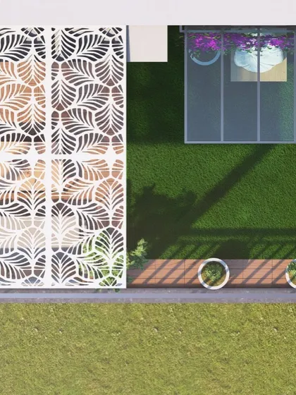 A top-down detail from a 3D render, showing the intricate leaf pattern of the laser-cut pergola screen. This level of detail in the planning phase ensures the final product is exactly what the client wants.