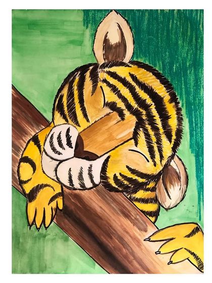 A video showing a student's process of painting a sleeping tiger with watercolours. It's a quiet, focused activity that yields beautiful results.