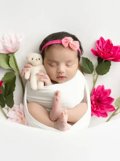 A sweet newborn girl in a white swaddle, surrounded by bright pink flowers.