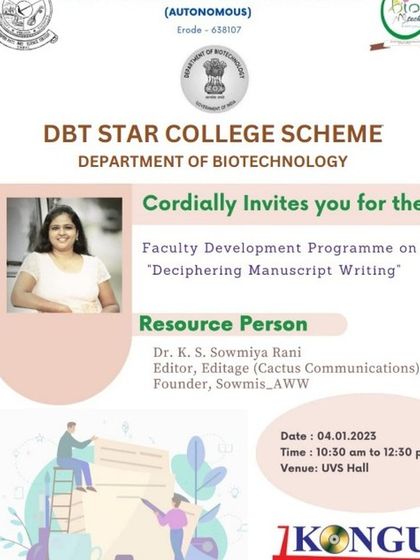 The poster for our first session of the new year, a Faculty Development Program on "Deciphering Manuscript Writing" at Kongu Arts and Science College.