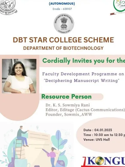 The poster for our first session of the new year, a Faculty Development Program on "Deciphering Manuscript Writing" at Kongu Arts and Science College.
