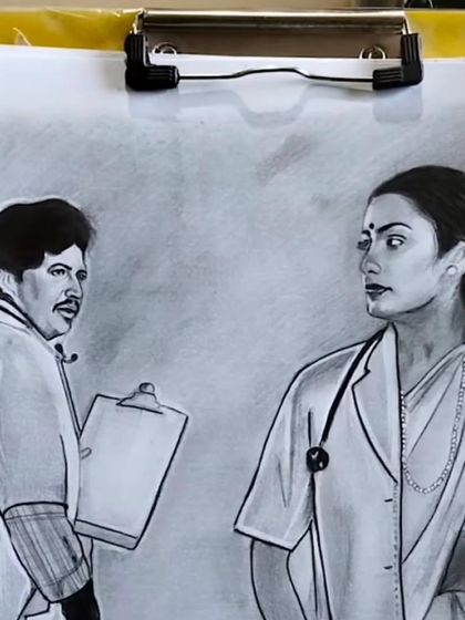 A pencil sketch inspired by the movie 'Bandhana', featuring Dr. Vishnuvardhan and Suhasini. I aimed to capture the serious and emotional tone of their characters as doctors in the film.