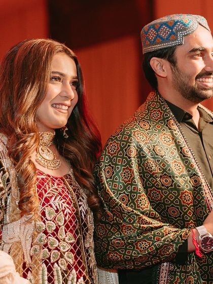 For a Sindhi-themed Sangeet, we paired a classic olive green kurta with a traditional Ajrak shawl and Kufi hat sourced from Kutch, creating an authentic and culturally rich look.