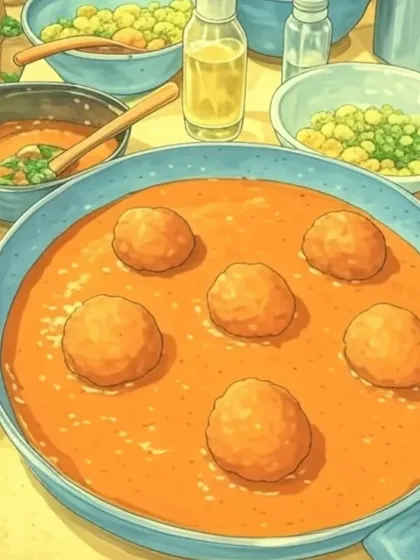 A close-up of a pan of meatballs in a rich tomato sauce, imagined as a frame from a Studio Ghibli film. The soft, painterly style gives the food a comforting and wholesome feel, showcasing our love for visual storytelling.