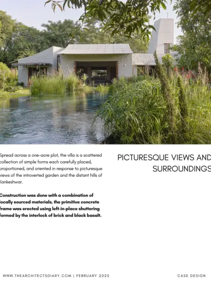 This image from a feature on Villa Uma shows the home's relationship to its water garden. The article noted the use of locally sourced materials and a primitive concrete frame to create the structure.