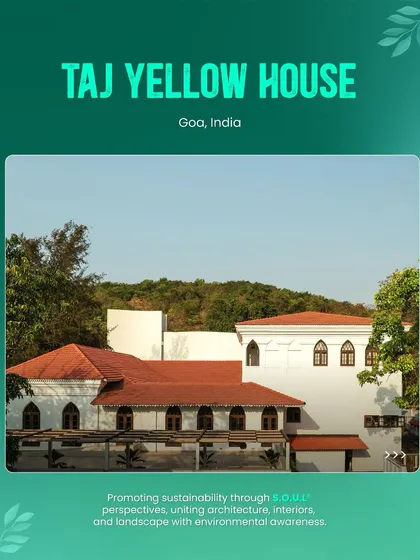 The Taj Yellow House, a restored Portuguese bungalow, showcases our commitment to sustainable hospitality. The design uses local materials, maximizes natural light and ventilation, and features a bright yellow facade that reflects regional traditions while reducing heat absorption.