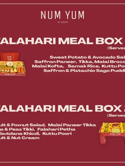 My Falahari Meal Boxes are perfect for Navratri. Box 1 includes dishes like Sweet Potato & Avocado Salad and Samak Rice, while Box 2 features Fruit & Foxnut Salad and Sabudana Khichdi, each serving four people.