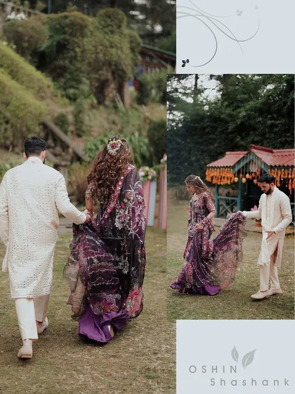 A collage showing the couple's entry at their Haldi function. The groom helps with the bride's lehenga, a small, caring gesture that tells a big story.