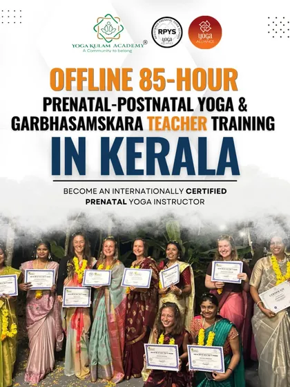 The joy of transformation and accomplishment. Our proud graduates of the Prenatal and Postnatal Yoga Teacher Training course in Kerala, holding their certificates after an intensive and rewarding journey together.