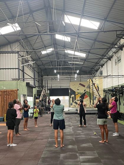 A full view of our group warm-up session. Starting together helps build a sense of team and gets everyone in the right mindset to climb.