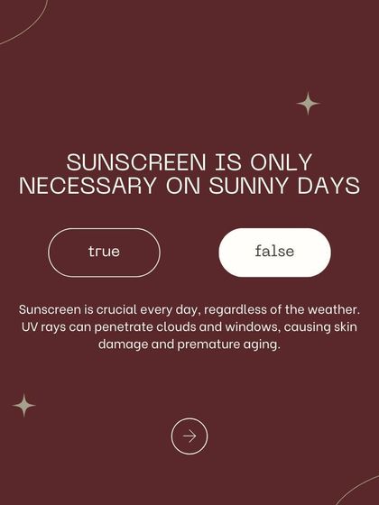 True or False: Sunscreen is only for sunny days. False. UV rays penetrate clouds and windows, causing damage and premature aging every day. Sunscreen is a daily necessity, regardless of the weather.