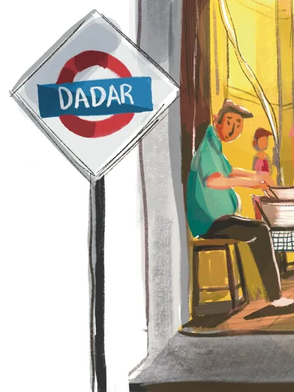 This detail from my Dadar lassi shop illustration includes the iconic station sign, grounding the scene in a specific, beloved Mumbai location.