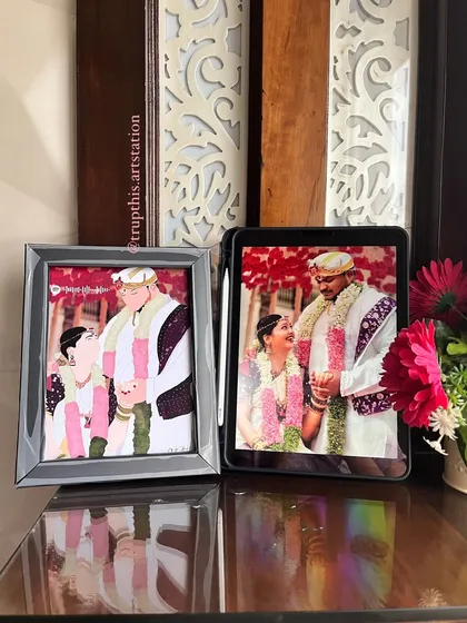 A closer look at the transformation from a real photo to a minimalist illustration. This custom wedding portrait highlights the couple's attire and loving gaze, making for a timeless anniversary or wedding gift.