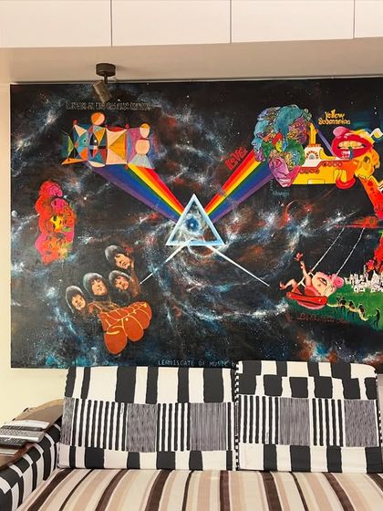 The 'Lemniscate of Music' painting in its new home. It's a fantastic conversation piece that reflects the owner's deep love for music.