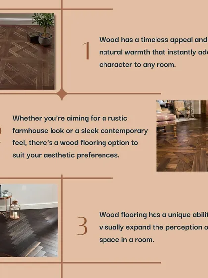 This infographic details the aesthetic versatility of wood flooring, which can suit any style from rustic farmhouse to sleek contemporary. It also highlights its ability to visually expand a room.