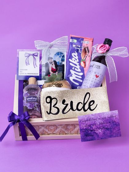 The complete bride-to-be hamper, beautifully arranged in a wooden crate. It's a perfect mix of fun, relaxation, and personal touches for the future bride.