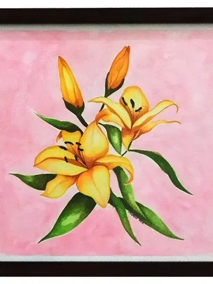 A vibrant watercolor painting of yellow lilies against a soft pink background. This piece captures the delicate structure of the flowers and their buds, celebrating their bright and cheerful presence.