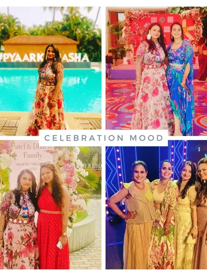 This collage captures the vibrant celebration mood from a multi-day destination wedding at Treat Resort, Gholvad. From the poolside fun and colorful sangeet stage to happy moments with the guests, it shows the complete, immersive experience I create for my clients.