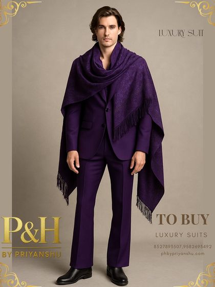 A full-length view of the purple suit and shawl, showcasing the complete ensemble with classic boot-cut trousers. The look is one of effortless grace and royal confidence.