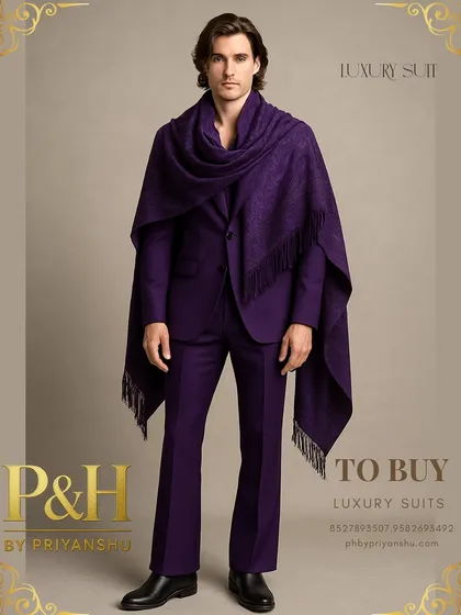 This unique purple suit is paired with a luxurious, richly embroidered shawl. It's a modern, regal look that combines the structure of a suit with the flowing elegance of traditional Indian draping.