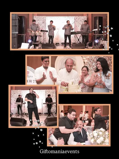 This collage captures the vibrant atmosphere of a 75th birthday celebration in full swing. It showcases the live band entertainment I arranged and the joyous moments of the cake-cutting ceremony, reflecting my focus on the complete event experience.