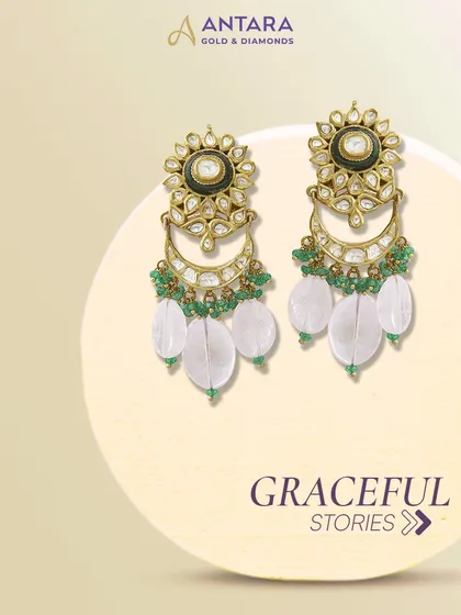 I believe jewellery should tell graceful stories of happiness and individuality. These Polki chandelier earrings, with their enamel work and gemstone drops, are crafted to capture the beauty of every meaningful moment.