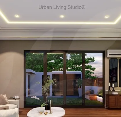 A 3D design for a minimalist terrace lounge in Saket, New Delhi. The space is designed with warm wood tones and clean lines, connecting seamlessly to the outdoor garden area visible through the large glass doors.