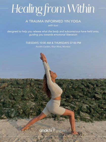 A poster for our "Healing from Within" trauma-informed Yin Yoga class. These sessions are designed to help release stored tension and guide you toward emotional liberation in a safe, supportive space.