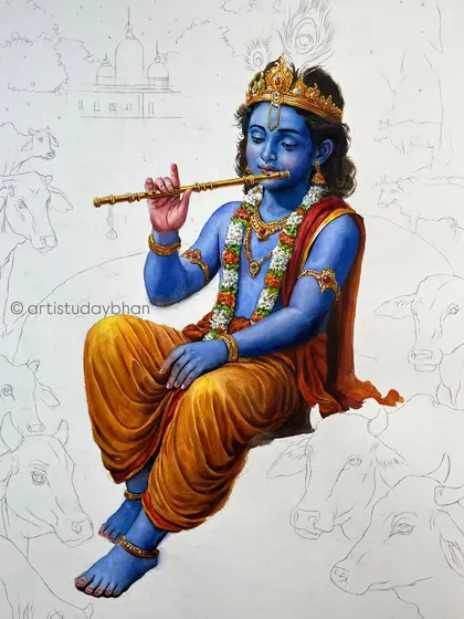 The Krishna painting at an intermediate stage. His form is fully rendered, but the background and the cows are still in the drawing phase, showing how I build my compositions.