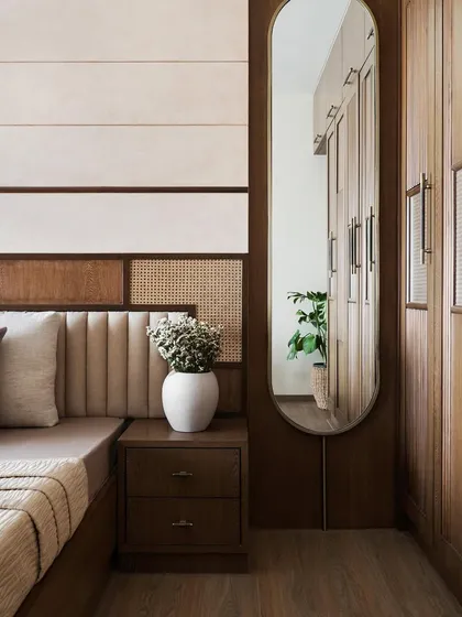 Another angle of the parent's bedroom, highlighting the harmony between the bed, nightstand, and wardrobe design.