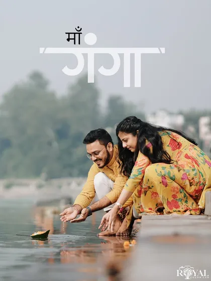 A serene pre-wedding moment by the holy Ganga. We know the most peaceful spots in Rishikesh to capture the spiritual essence of your connection.