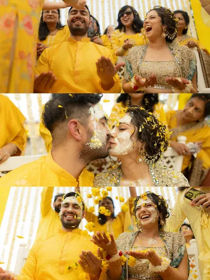 A collage of pure joy from Monika and Francisco's Haldi. It captures them sharing a kiss amidst the turmeric paste and being showered with flower petals by their loved ones.