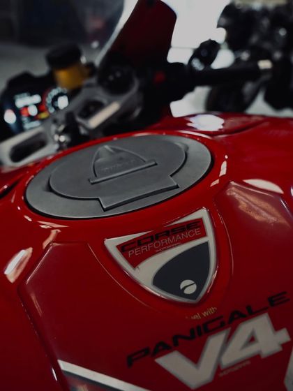 The Ducati Performance tank sticker on the Panigale V4.
