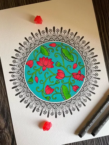 A divine fusion of two beautiful traditions: the spiritual calm of mandala art and the vibrant storytelling of Pichwai painting. This piece features classic lotus motifs within a mandala structure, creating a unique Indian fusion design that is both modern and timeless.