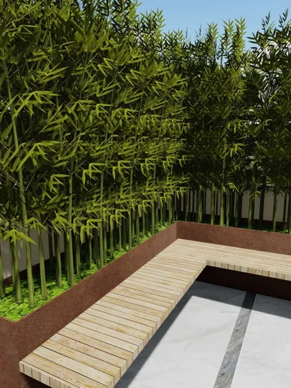 A simple yet effective design for a small terrace or balcony. A built-in L-shaped bench is paired with a planter filled with bamboo, providing natural screening, privacy, and a touch of green.