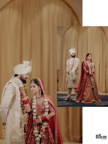 A collage of the couple during their wedding ceremony, capturing both a full-length shot and a more intimate close-up of their interaction.