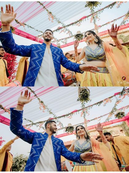 Dheemant and Geet make their entrance at their Mehendi ceremony. The bright colors of their outfits and the festive decor create a lively and joyful atmosphere that we love to capture.