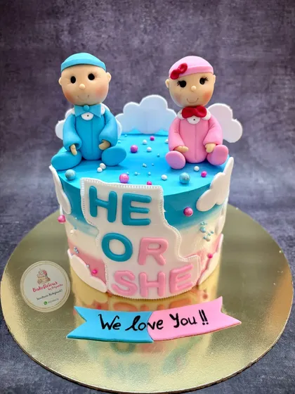 What will it be? This "He or She" gender reveal cake is one of my favourite ways to celebrate a new arrival. I handcraft the adorable baby boy and girl toppers from fondant for that sweet surprise moment.