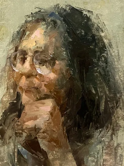 The full composition of "Thinking transition," an expressive oil portrait.